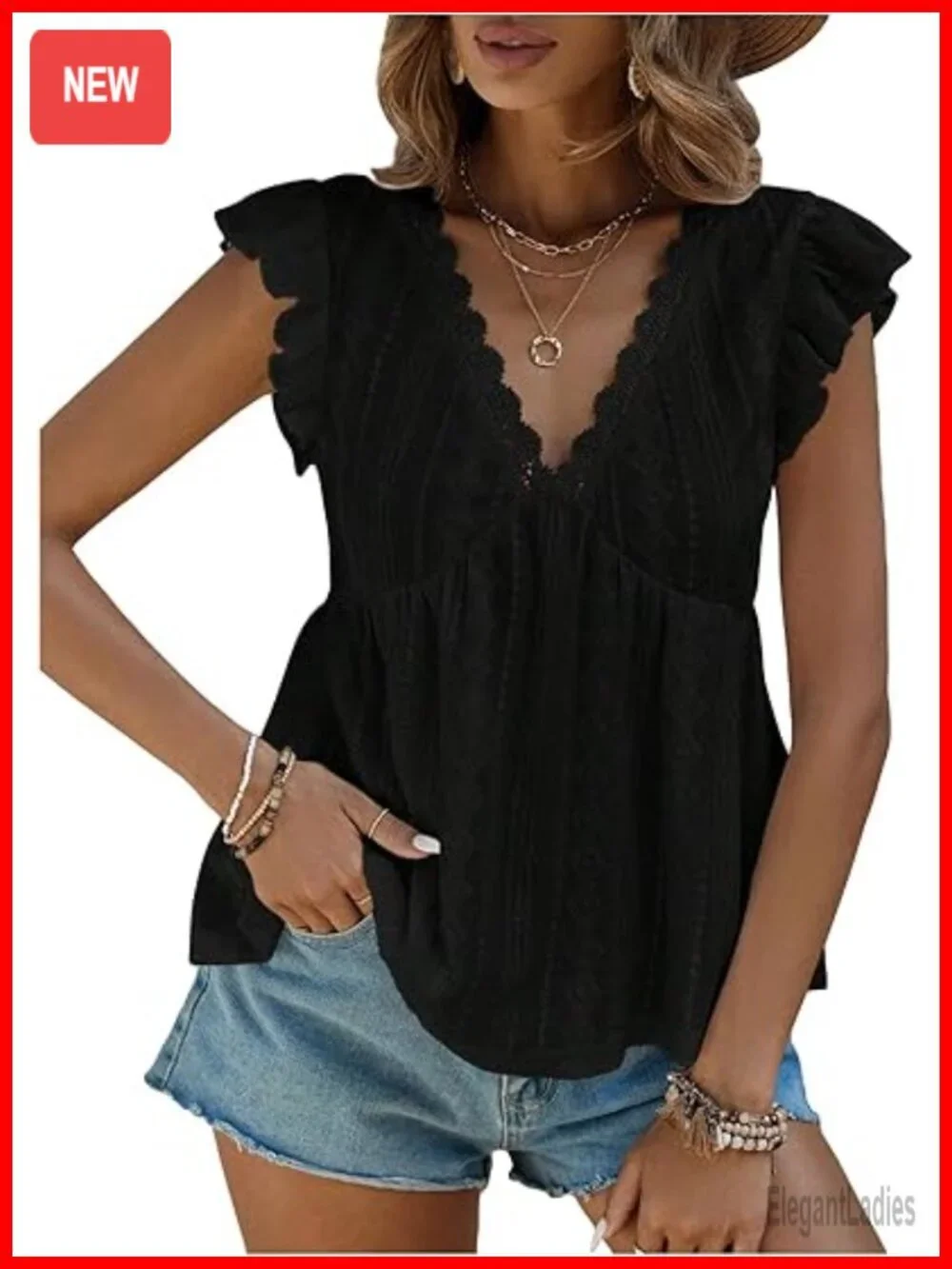 Lace Trimmed V Neck Ruffled Sleeve Flared Eyelet Tank Top